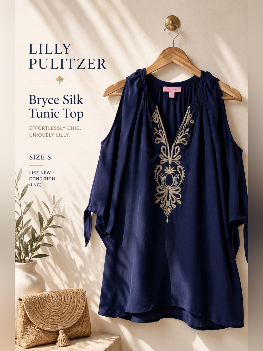 Lilly Pulitzer Bryce Silk Tunic Top True Navy Embroidered Size S